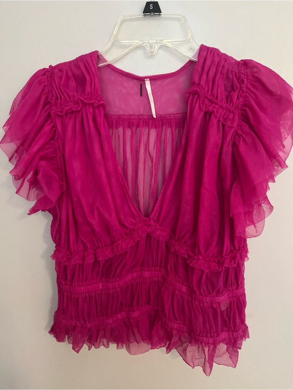 Free People Fuchsia Ruffled V-Neck Blouse